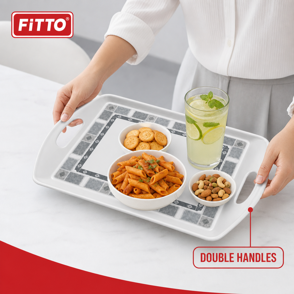 96 Pieces Serving Trays, Rectangular Melamine Tray with Double Handles, 18 Inch, Grey Geometric Border