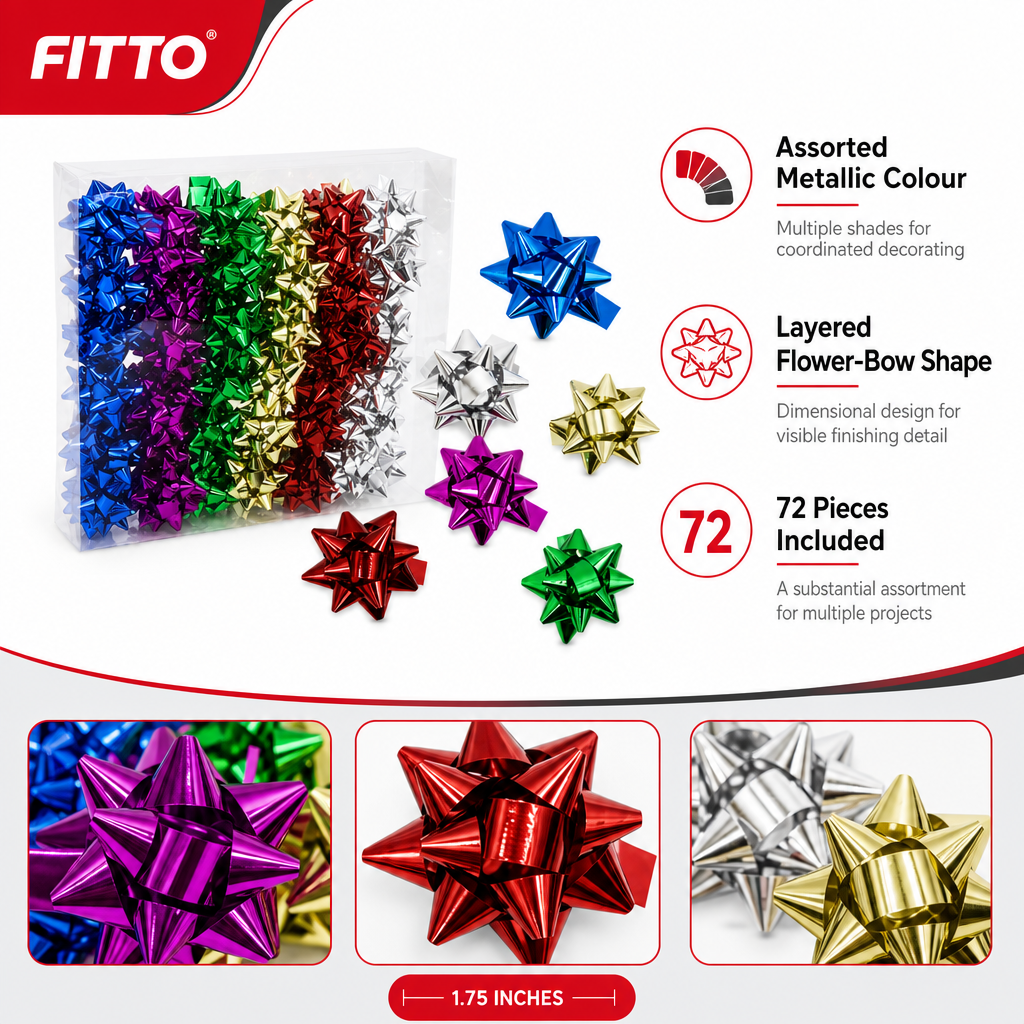 96 Pieces Metallic Flower Bows, 1.75 in, Assorted Colours, 72 Pieces for Party and Package Decoration