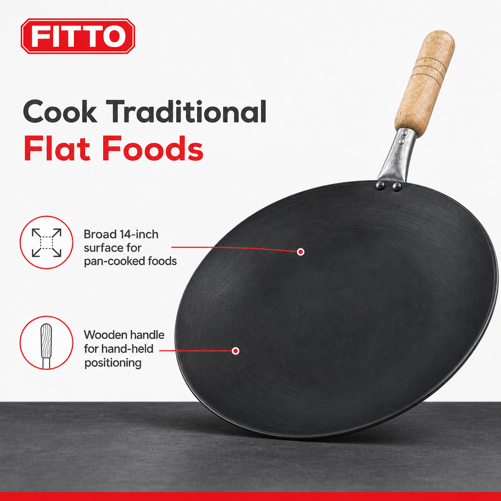 72 Pieces Black Iron Tawa Frying Pan with Wooden Handle, 14 Inch, 1 Piece