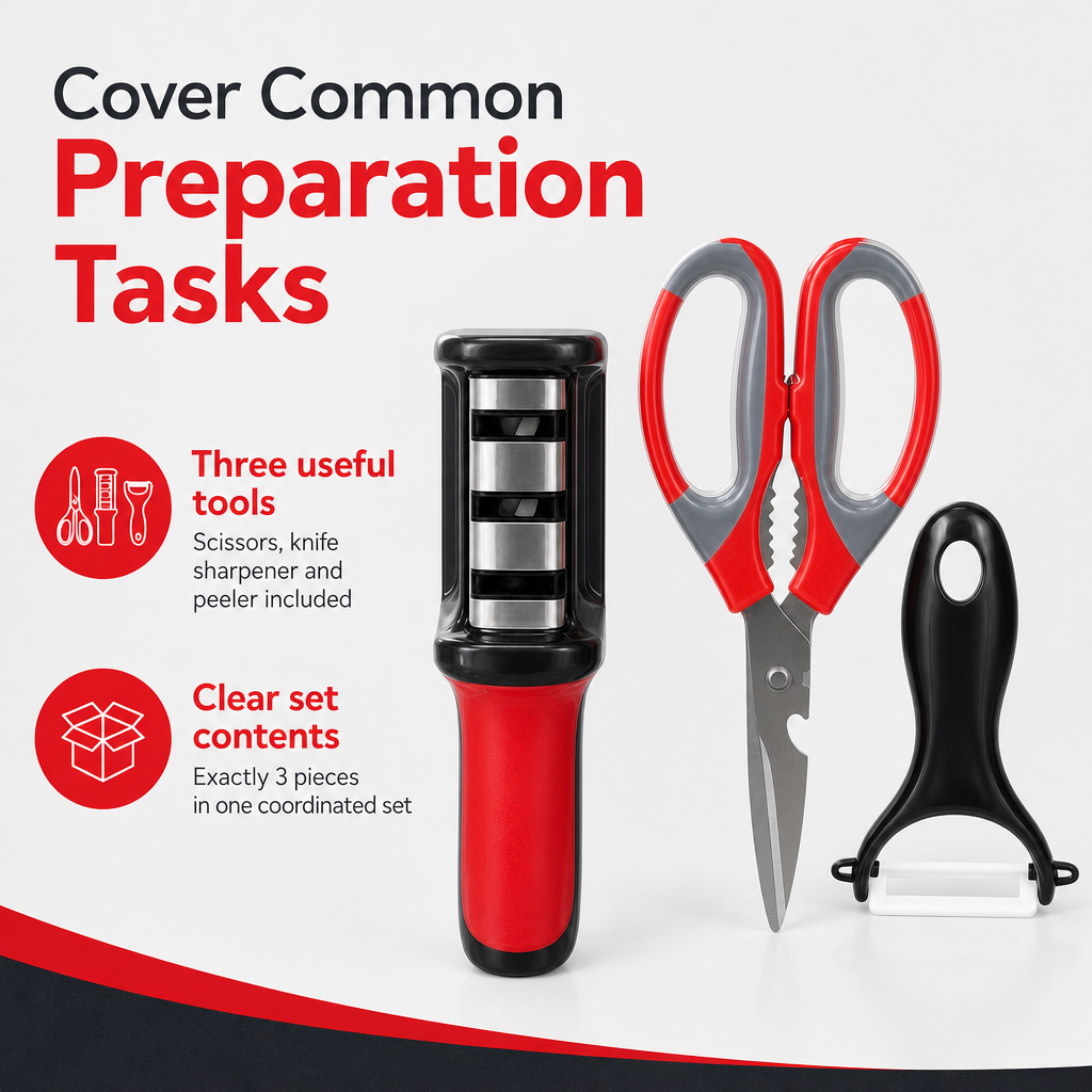 96 Pieces Kitchen Tool Set with Scissors, Knife Sharpener and Peeler, 3 Pieces