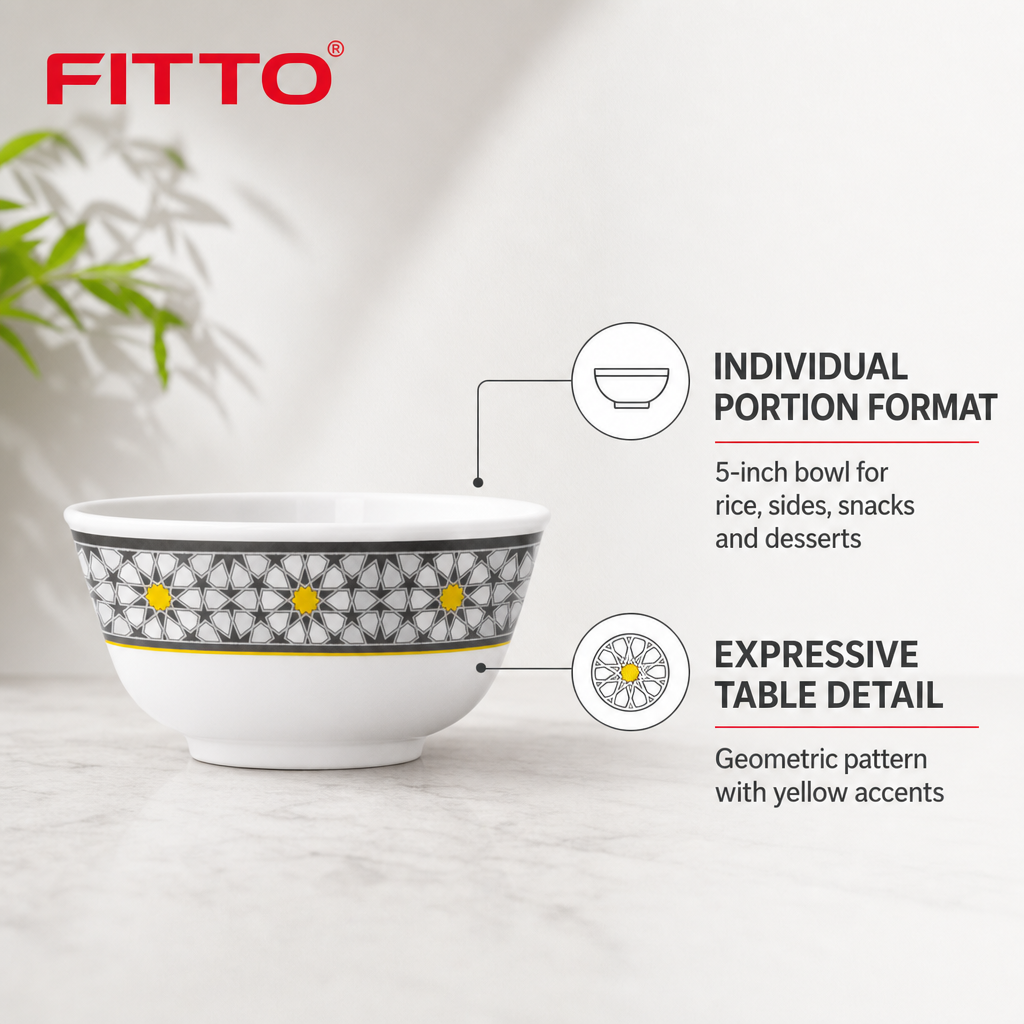120 Pieces Melamine Rice Bowl, 5 Inch, White and Grey with Yellow Geometric Accents