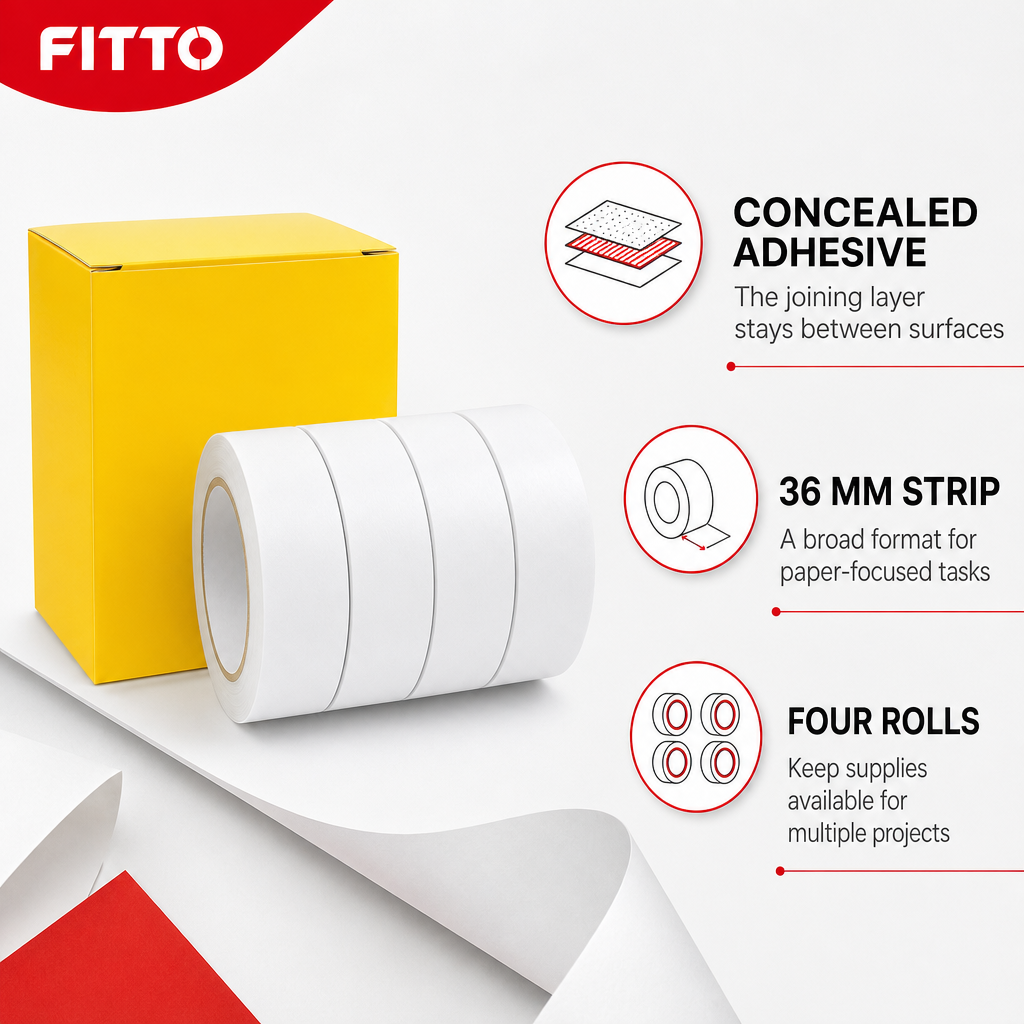 96 Pieces Tissue Adhesive Tapes 36 mm x 15 yd White, Double-Sided, 4 Rolls
