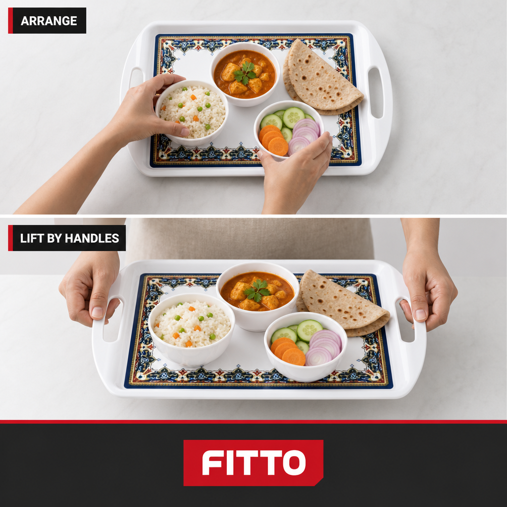 60 Pieces Melamine Rectangular Serving Trays with Handles, 24 Inch, White Decorative Border, 61.5 x 42 cm