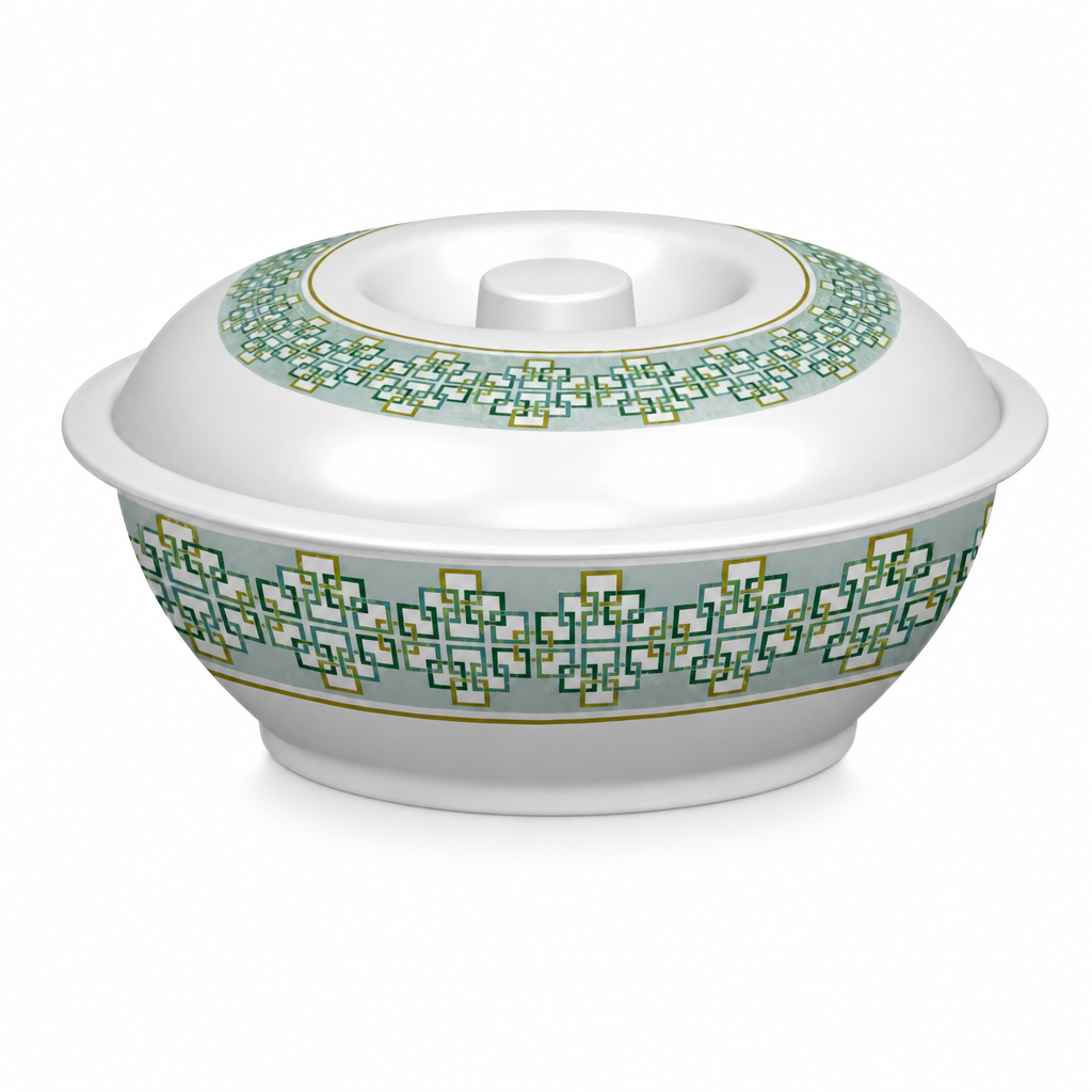 96 Pieces Lidded Serving Bowl, 10 Inch, White and Green Geometric Pattern