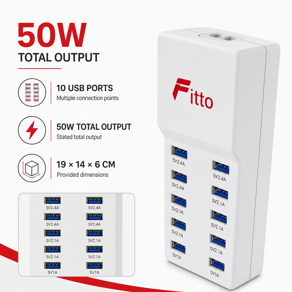72 Pieces 50W 10-Port USB Desktop Charging Station, Multi-Device Charging Hub
