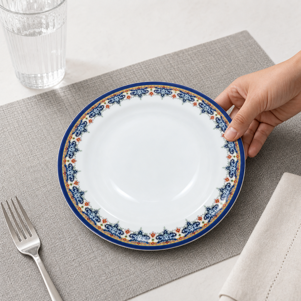 144 Pieces Melamine Dinner Plate, Round 6 Inch, White With Decorative Multicolor Rim