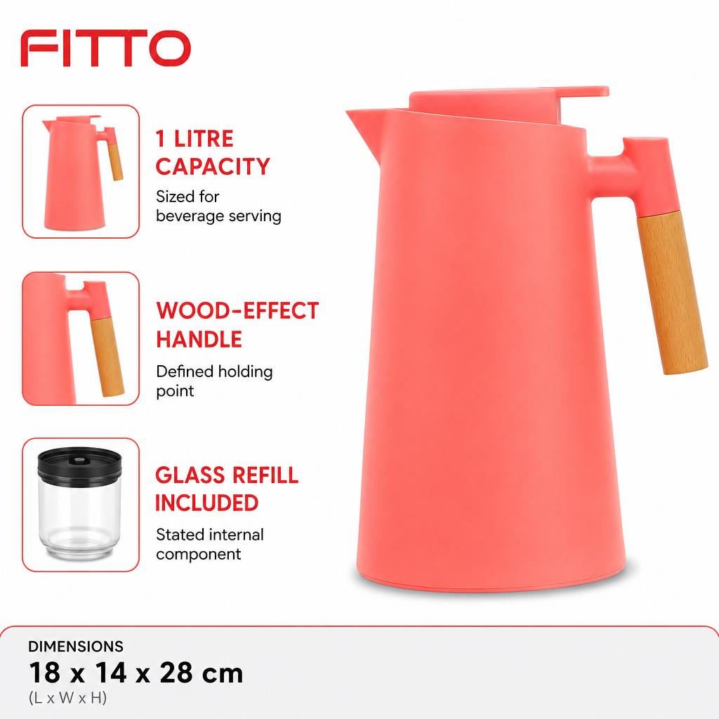 72 Pieces Plastic Vacuum Flask with Glass Refill, 1 Litre, Coral with Wood-Effect Handle