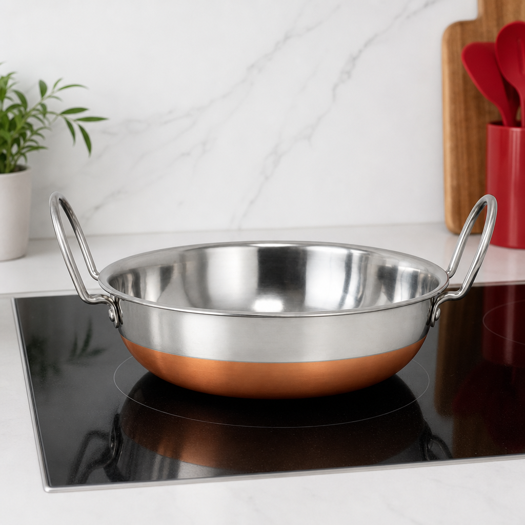 72 Pieces Stainless Steel Deep Frying Kadai with Copper Bottom, 23 cm