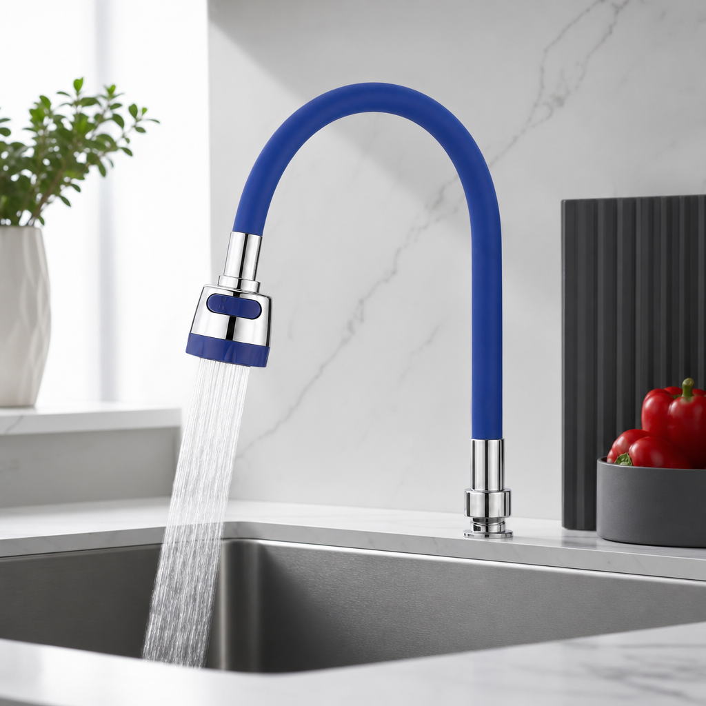 96 Pieces Flexible Kitchen Faucets Round Head, 40 cm, Blue and Chrome, 1 Piece