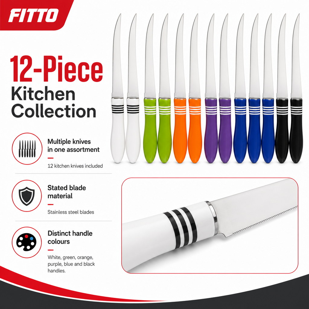 96 Pieces Kitchen Knives Set, Stainless Steel Blades with Multi-Colour Handles, 12 Pieces