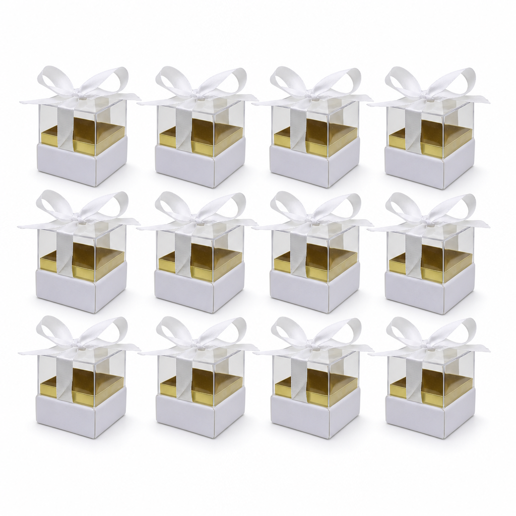 60 Pieces Acrylic Presentation Boxes with Ribbon, Square Clear Display Containers, White, 6.5 x 6.5 x 7.2 cm, 12 Pieces