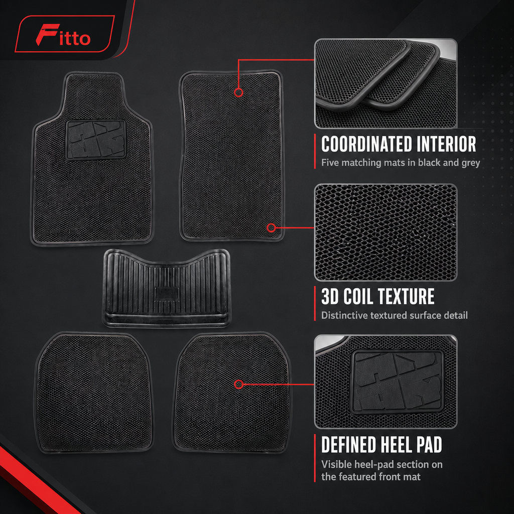 48 Pieces Car Floor Mat Sets, 3D Coil Design with Heel Pad, Black and Grey, 5-Piece