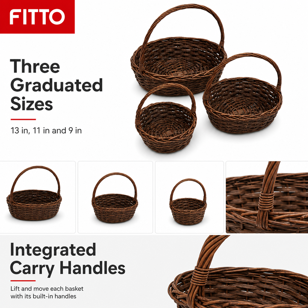 60 Pieces Brown Oval Woven Storage Basket Set with Carry Handles, 13 in, 11 in and 9 in, 3 Pieces