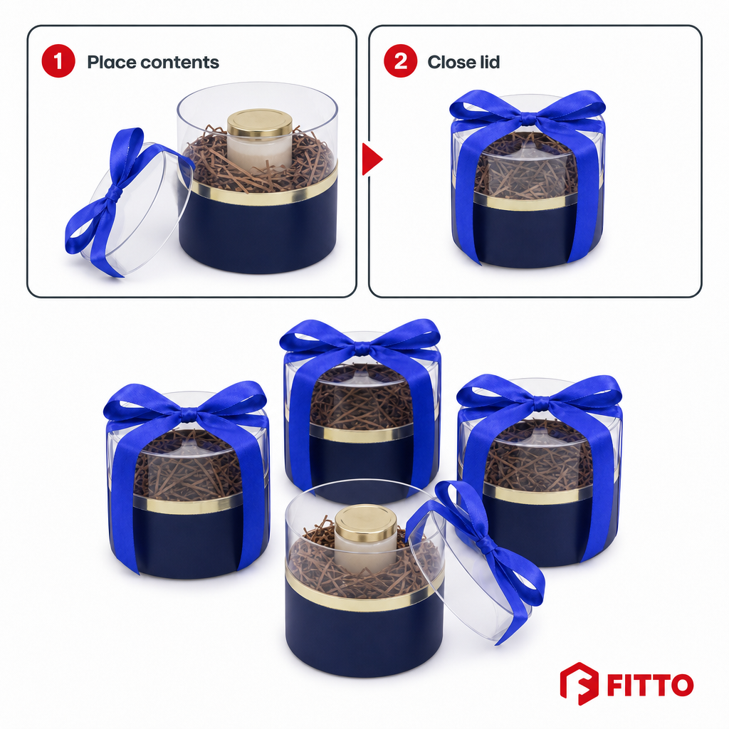 60 Pieces Blue Round Acrylic Presentation Boxes with Ribbon, 12 x 12 x 11.5 cm, 4 Pieces