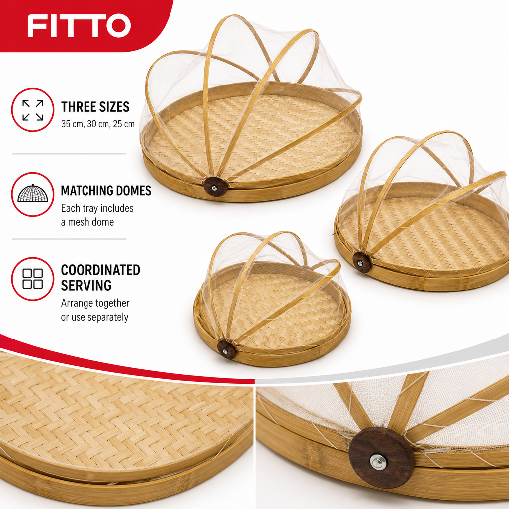 48 Pieces Round Woven Food Cover Tray Set with Mesh Domes, 3 Pieces, 35 cm, 30 cm and 25 cm