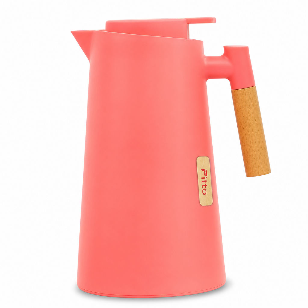 72 Pieces Plastic Vacuum Flask with Glass Refill, 1 Litre, Coral with Wood-Effect Handle