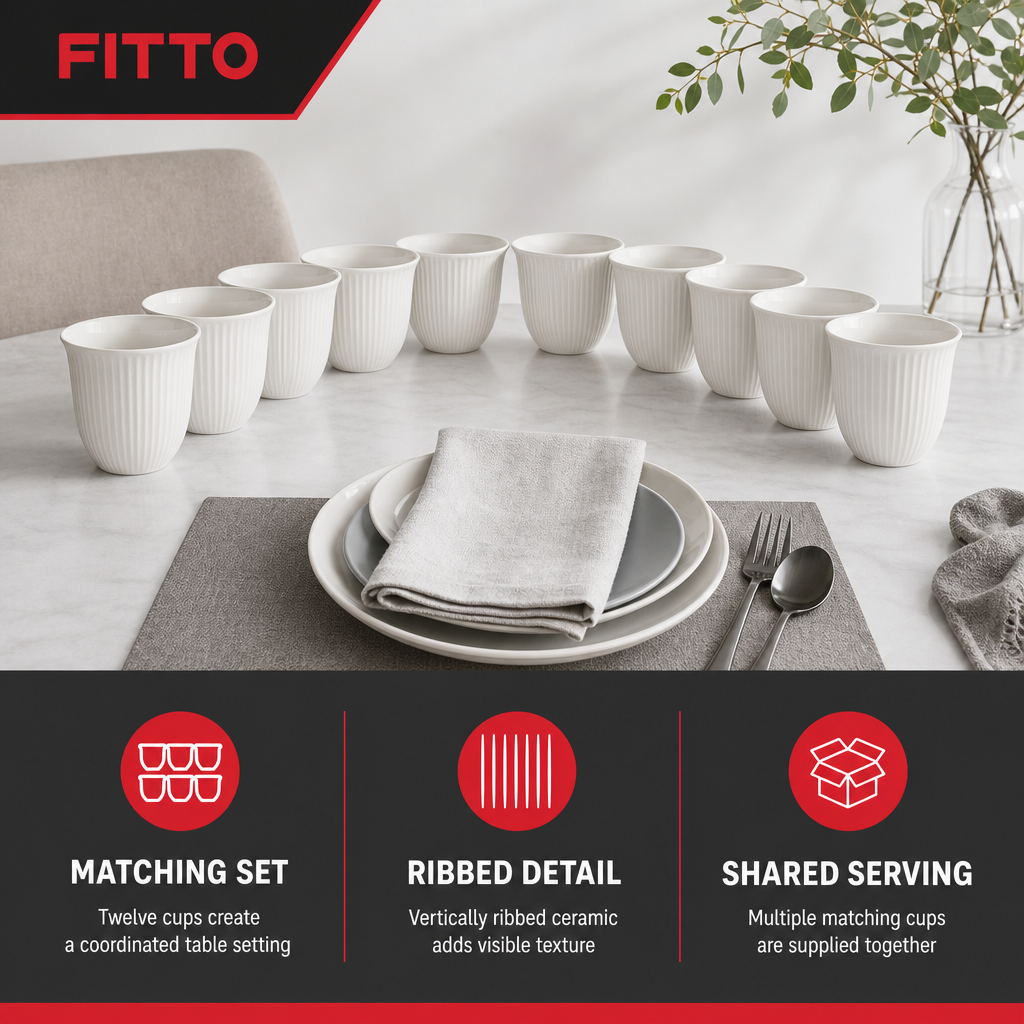 96 Pieces Ceramic Cup Set, White, 12 Pieces, Ribbed Drinkware for Home Dining