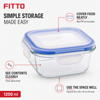 96 Pieces Square Glass Food Container With PP Lid, 1200 ml, Clear With Blue Lid