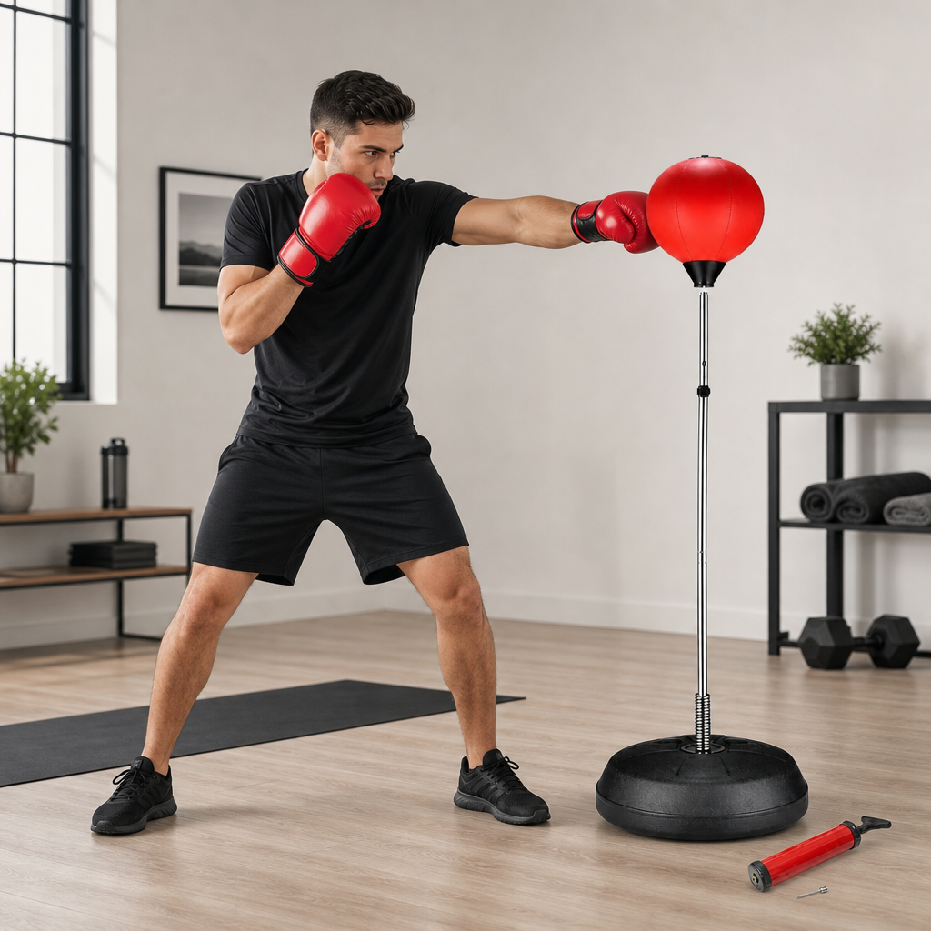 48 Pieces Freestanding Punching Ball Sets with Steel Spring Pole, Boxing Gloves and Air Pump, Red and Black