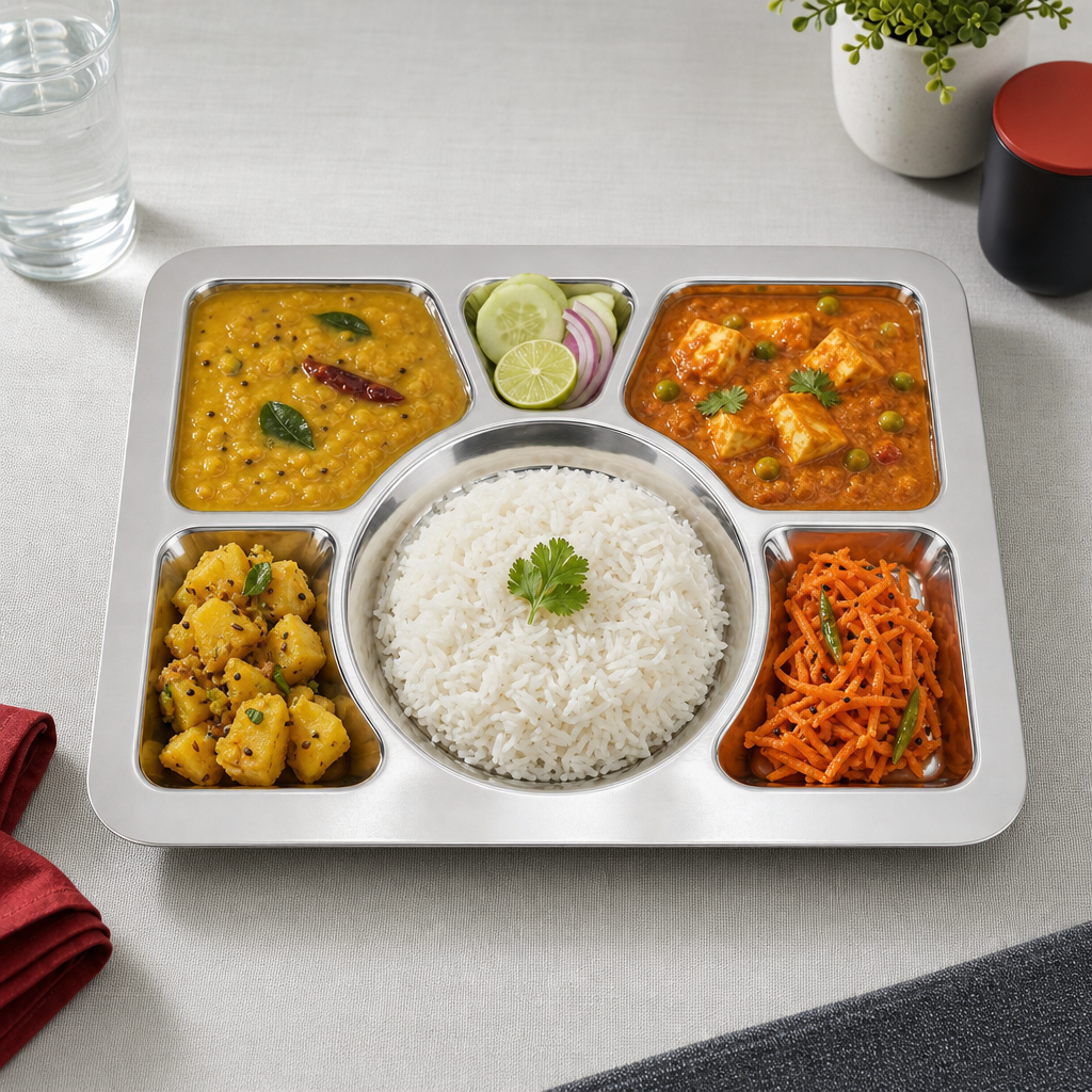 96 Pieces Stainless Steel Compartment Thali Dinner Plate, Silver, 34 x 34 x 3 cm, 1 Piece