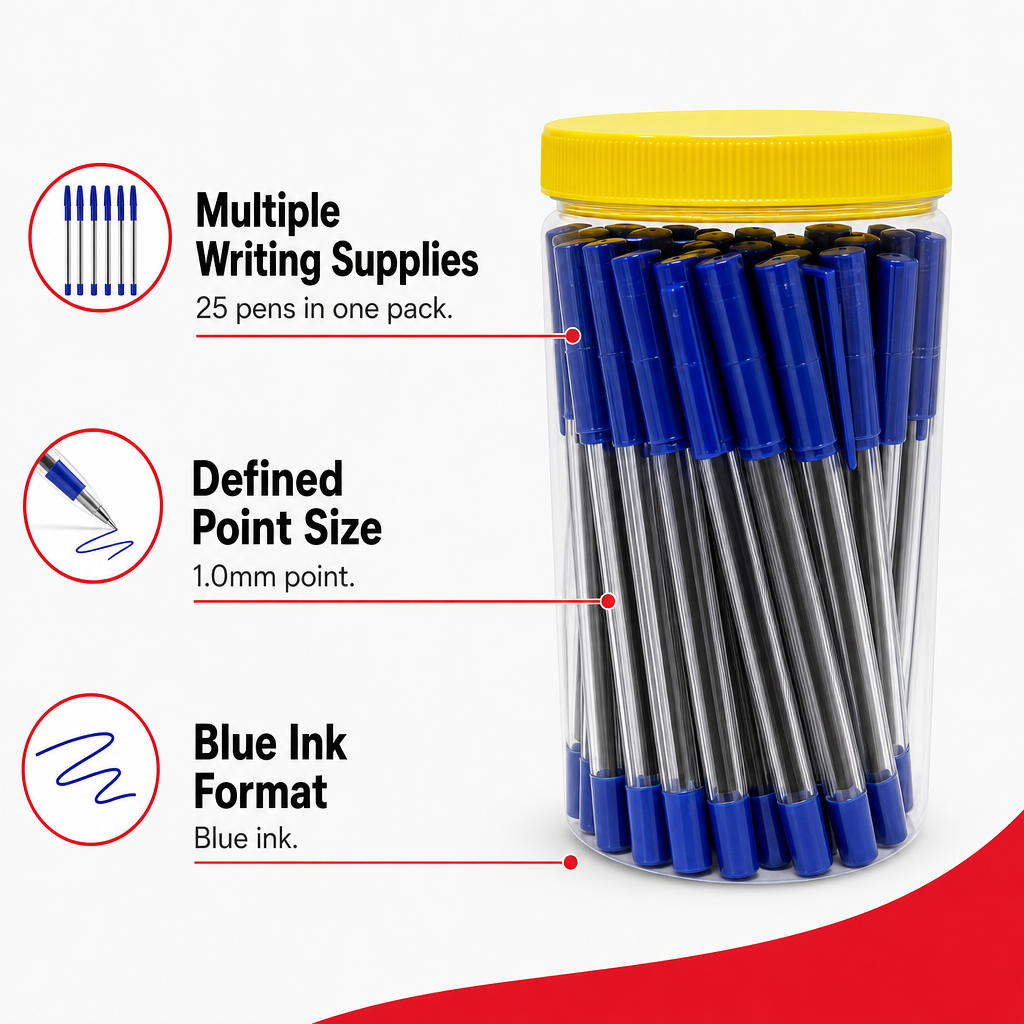 96 Pieces Ball Pens, 1.0mm Blue Ink, 25 Pack