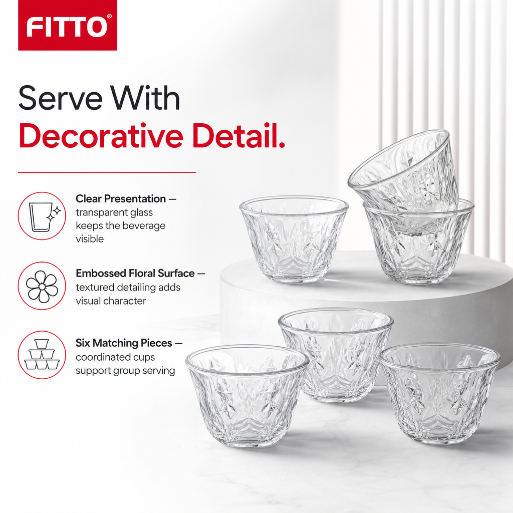 96 Pieces Clear Glass Cawa Cups with Embossed Floral Design, 6 Pieces