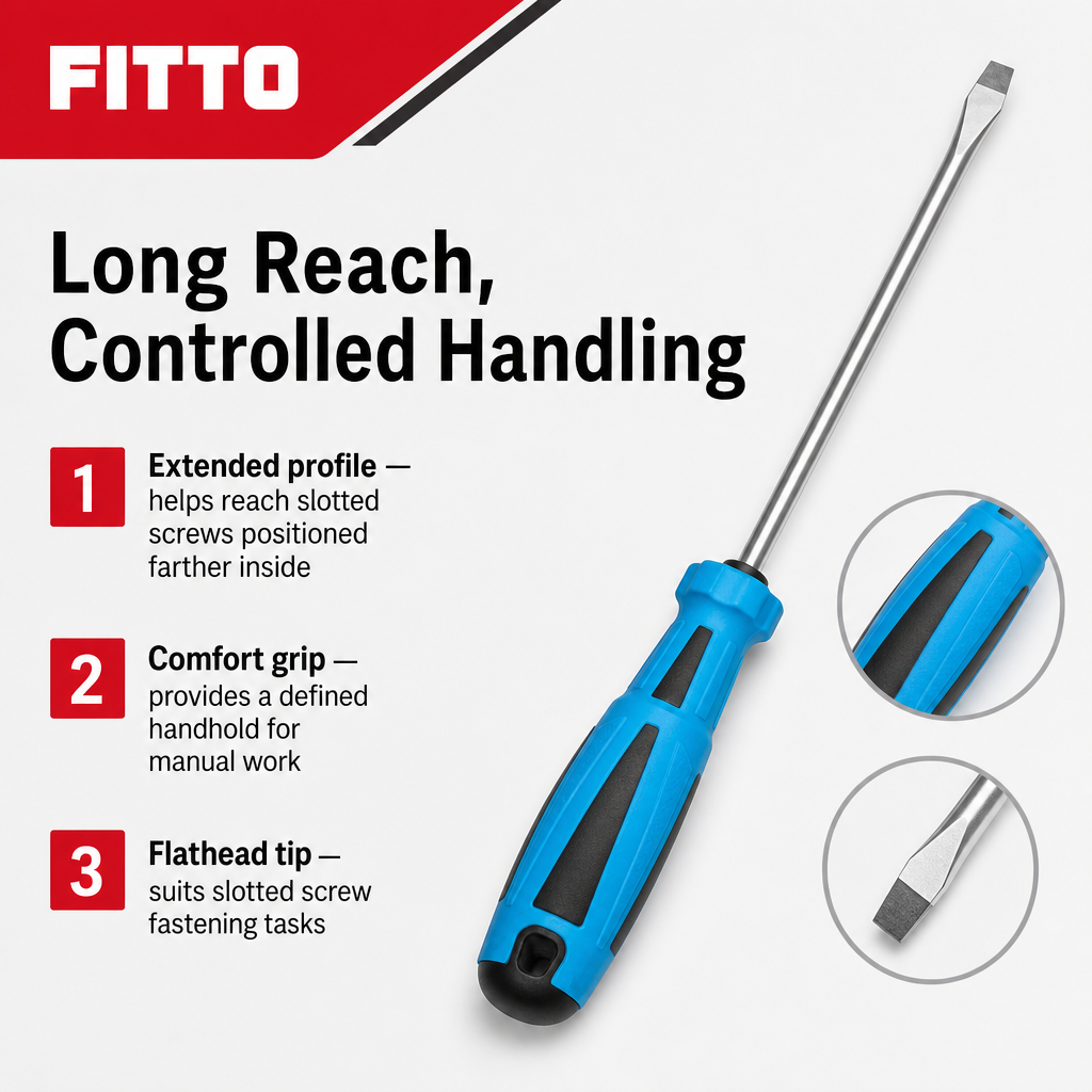 144 Pieces Long Flathead Screwdriver with Comfort Grip, 35 cm, Blue Black Silver, 1 Piece