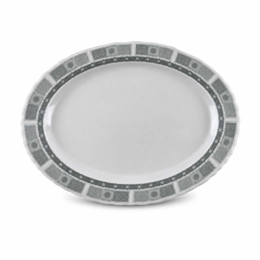 96 Pieces Melamine Wavy Oval Serving Plate, 14 Inch, Grey Geometric Border