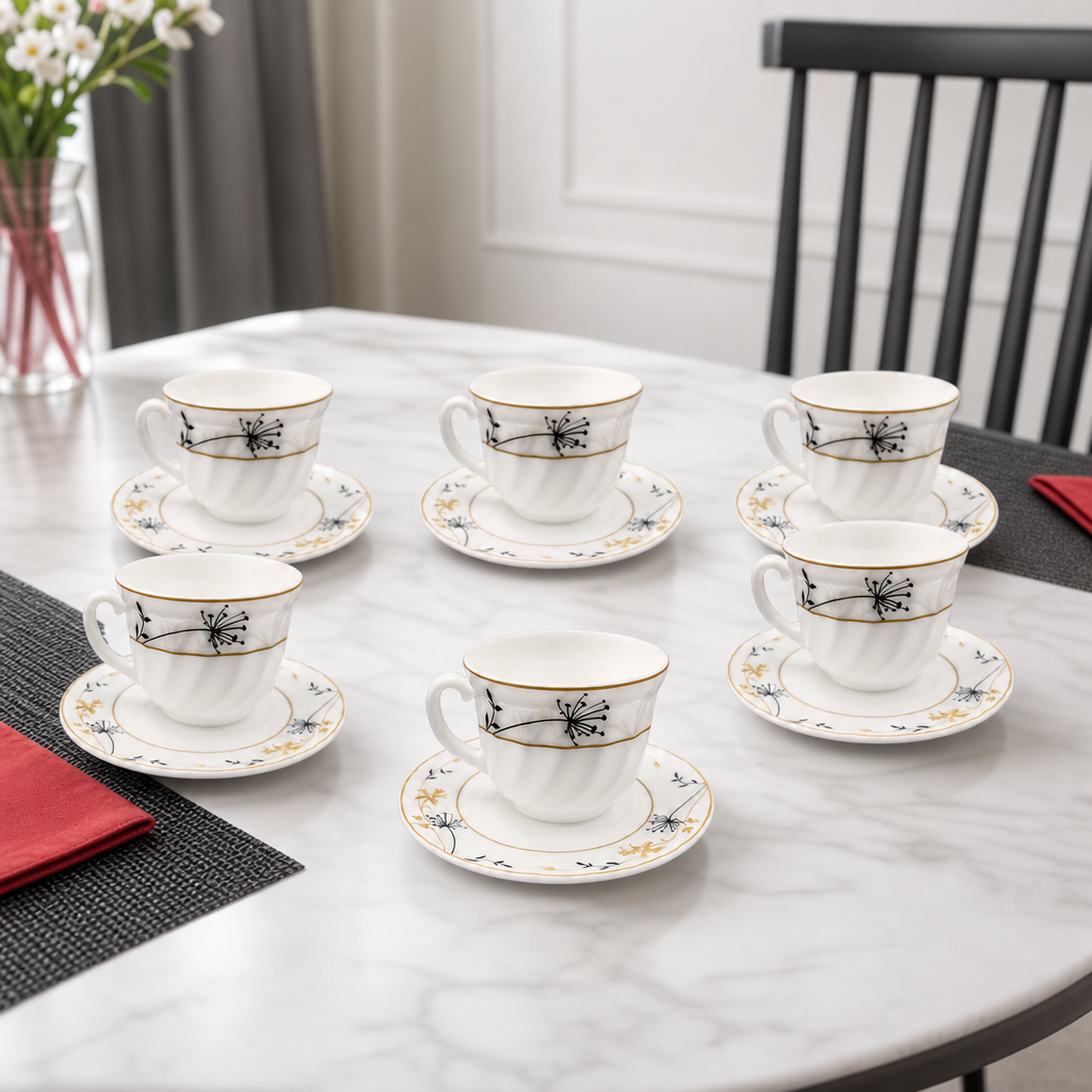 48 Pieces Opal Cup and Saucer Set, 190ml, 12 Pieces, 6 Cups with 6 Saucers, Floral White Design