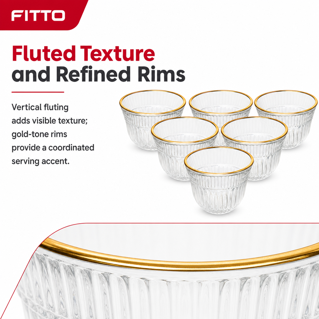 96 Pieces Clear Glass Cawa Cups with Gold-Tone Rims, Fluted Design, 6-Piece Set