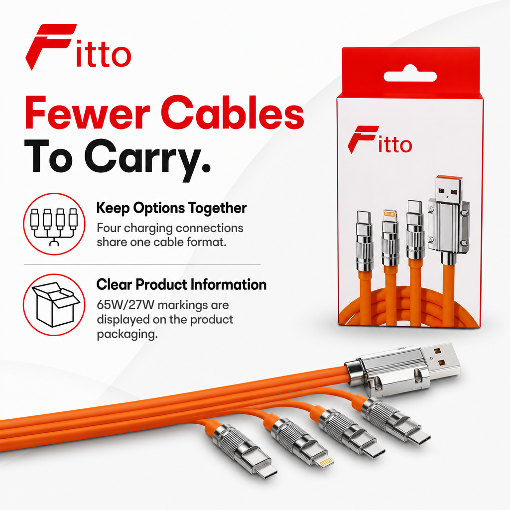 144 Pieces 4-in-1 Fast Charging Cable, 65W/27W Multi-Connector Cable for Everyday Device Power