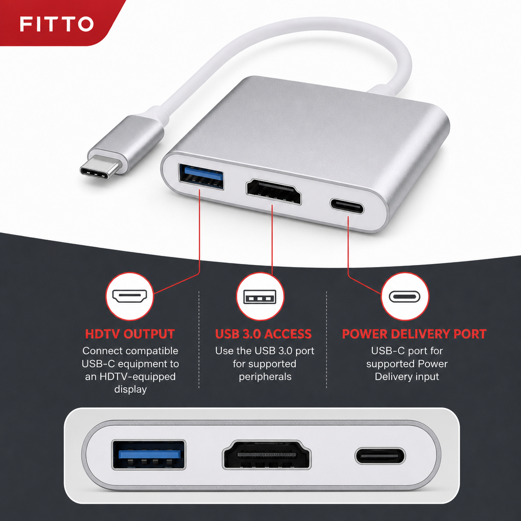 96 Pieces USB-C to HDTV 3-in-1 Adapter with USB 3.0 and Power Delivery