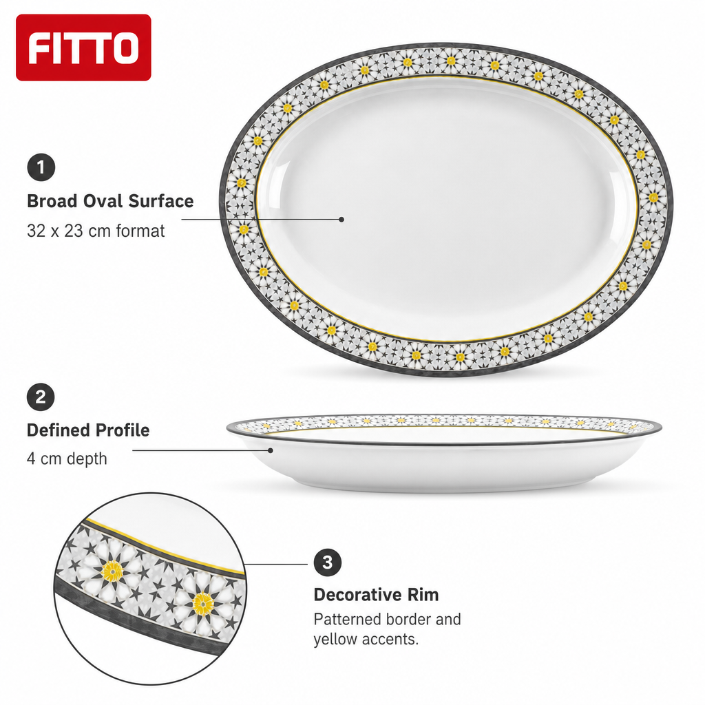 96 Pieces Melamine Wavy Oval Serving Plate, 12 Inch, White Grey with Yellow Accents