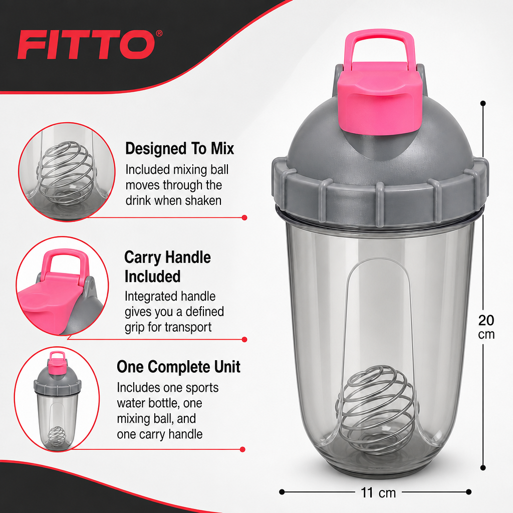 96 Pieces Protein Shaker Bottle with Mixing Ball and Carry Handle, Sports Water Bottles for Workout Drinks, 20 x 11 x 11 cm