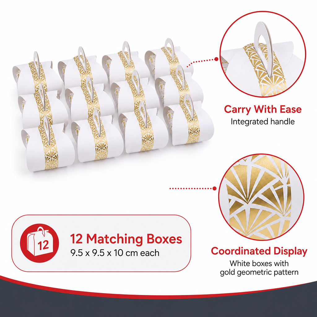 96 Pieces Candy Favor Boxes with Handle, White with Gold Pattern, 9.5 x 9.5 x 10 cm, 12 Pieces