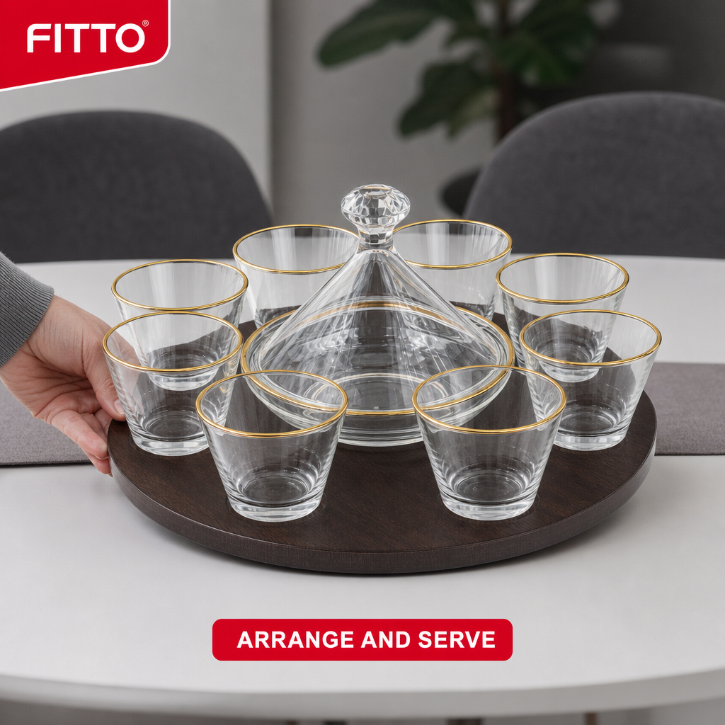60 Pieces Clear Glass Drinkwares Set with Gold Rims and Wooden Tray, 11-Piece Beverage Serving Collection
