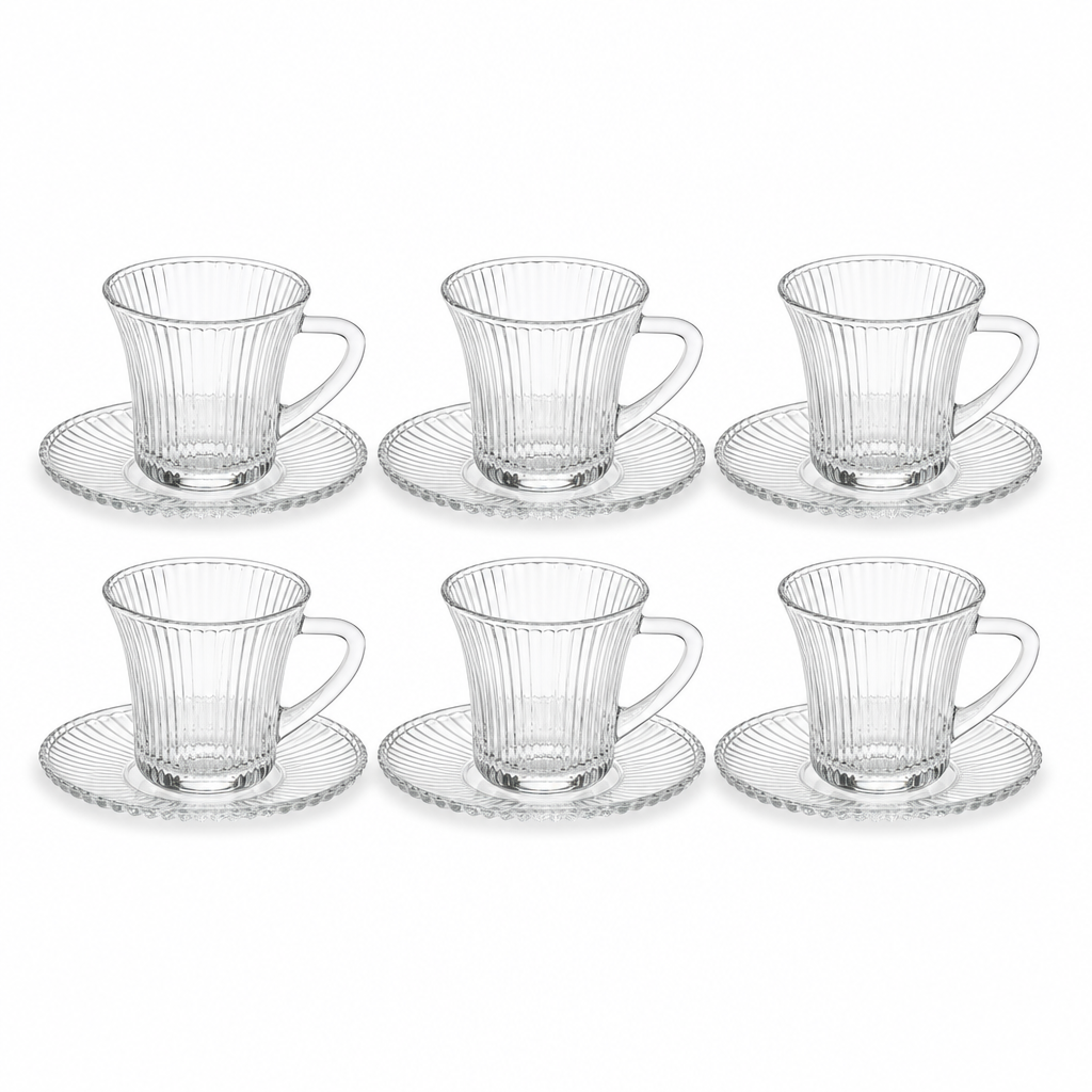 60 Pieces Ribbed Clear Glass Tea Cup and Saucer Set, 12 Pieces