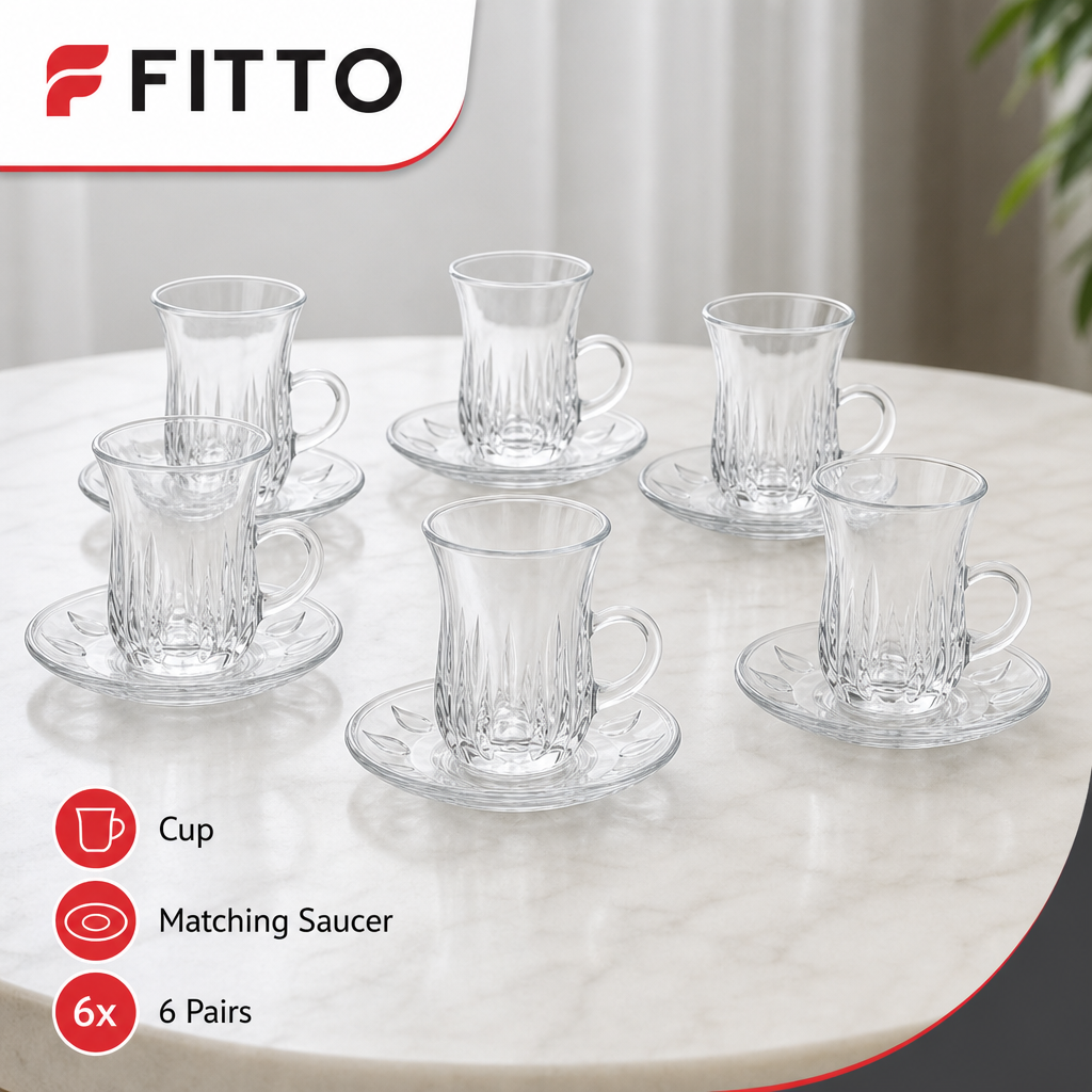 72 Pieces Clear Glass Tea Cup and Saucer Set, 6 Cups and 6 Saucers, 12 Pieces