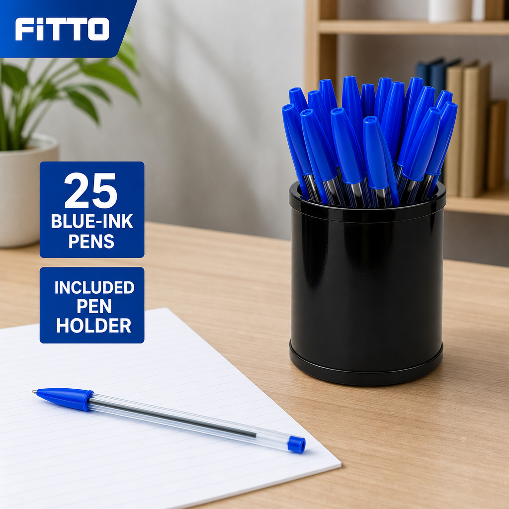 96 Pieces Ball Pens with Pen Holder, Blue Ink, 25 Pack