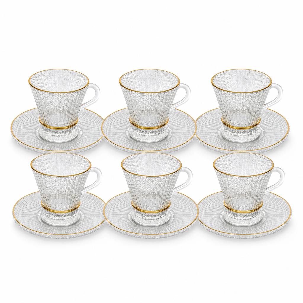 60 Pieces Textured Clear Glass Tea Cup and Saucer Set with Gold Rims, 220 ml, 12 Pieces
