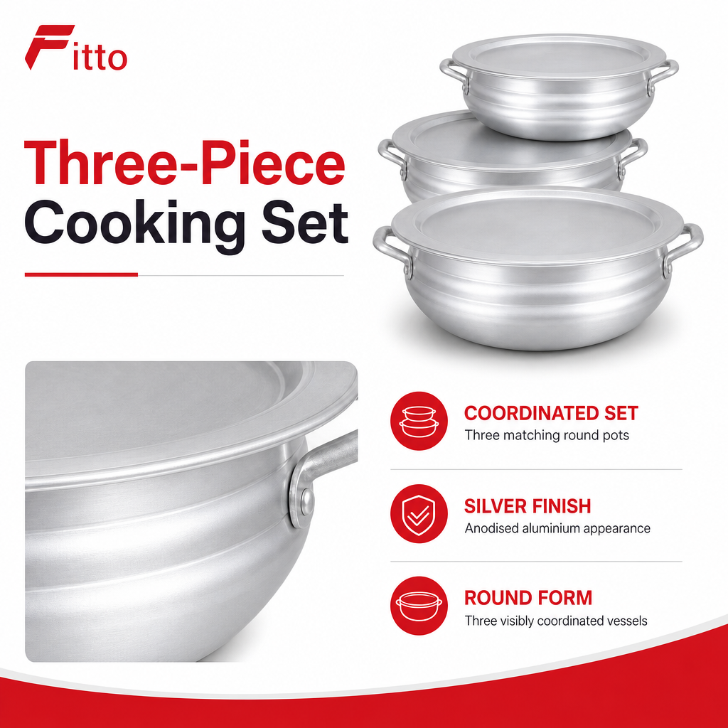 48 Pieces Cookwares Set, 3-Piece Silver Round Cooking Pots, Anodised Aluminium