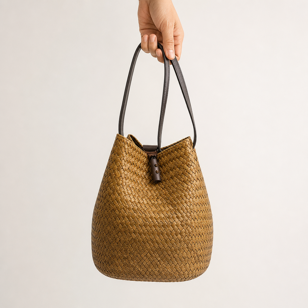 72 Pieces Handwoven Natural Fiber Bucket Handbags, Natural Brown, 22 x 18 x 14 cm