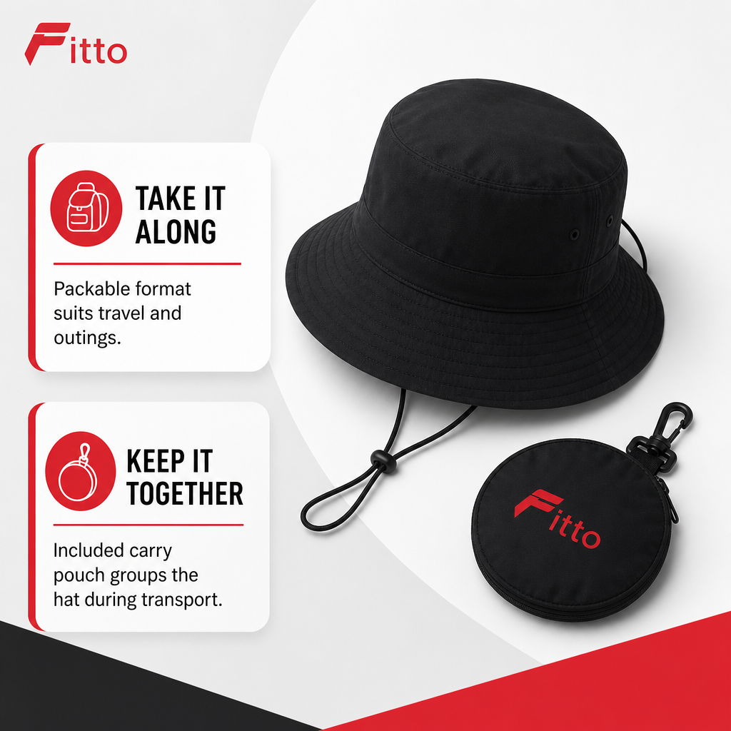 96 Pieces Packable Bucket Hat with Carry Pouch, Black, 1 Piece