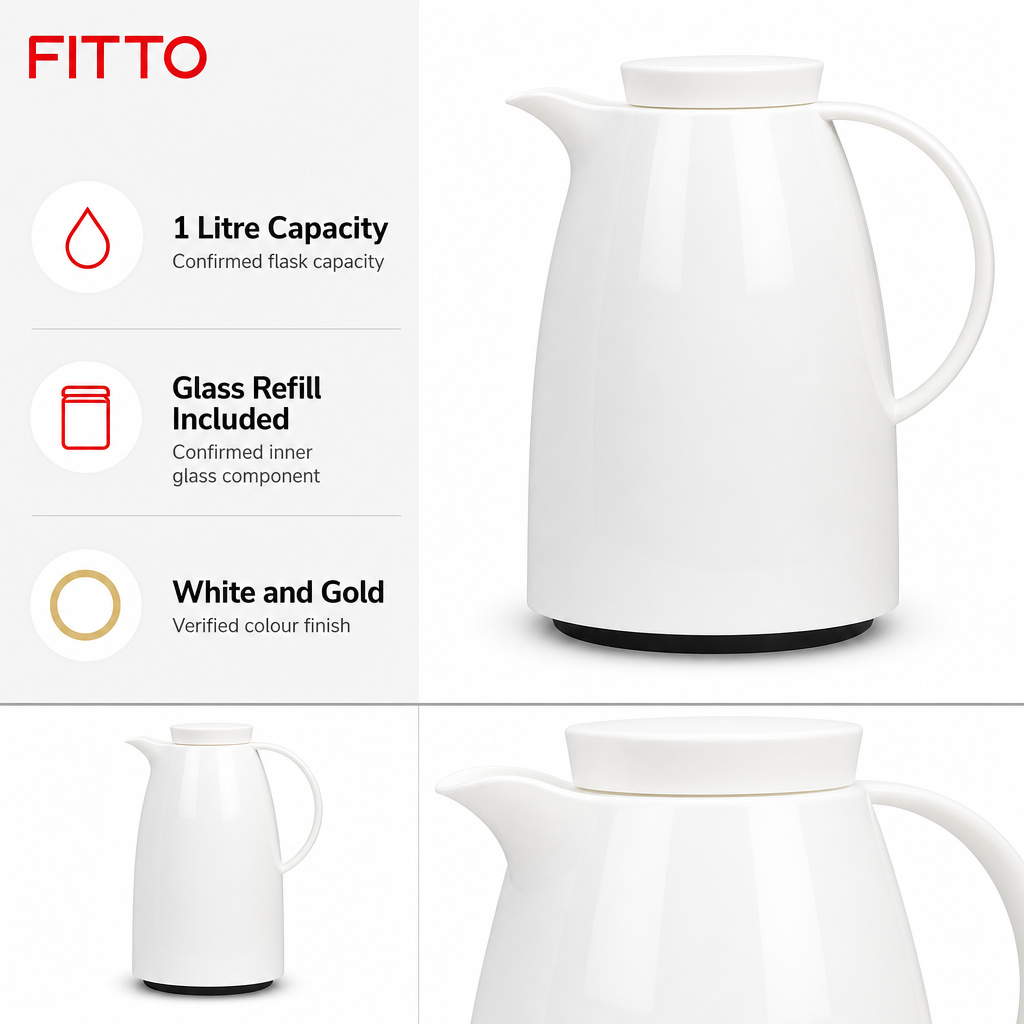 72 Pieces Plastic Vacuum Flask with Glass Refill, 1 Litre, White and Gold