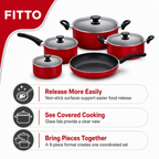 48 Pieces 9-Piece Non-Stick Cookwares Set with Glass Lids, Red