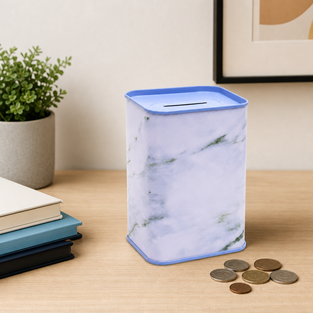 240 Pieces Money Saving Boxes, Square Metal Coin Bank with Slot, White and Blue, 7.8 × 10.5 cm