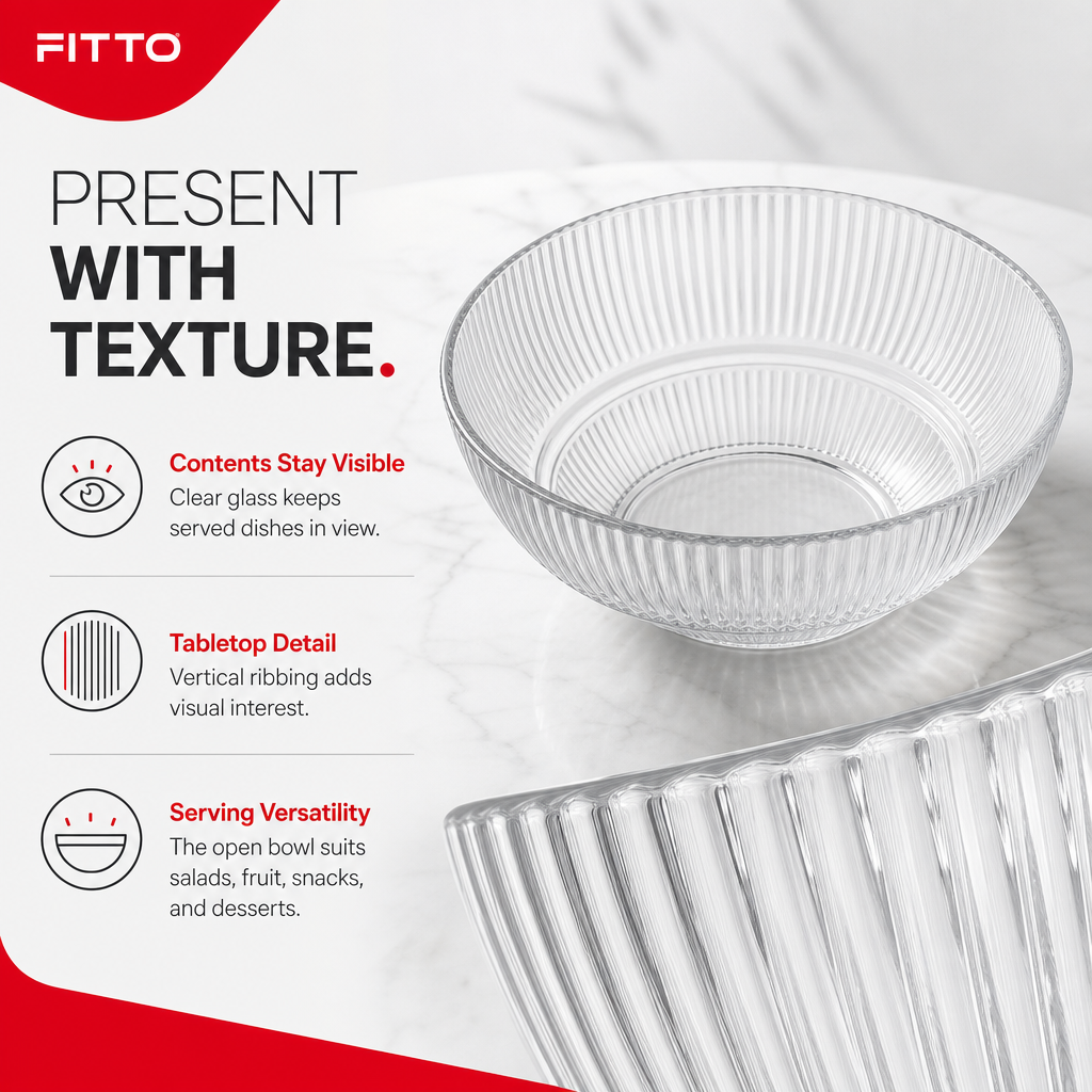 96 Pieces Ribbed Glass Serving Bowl, 223 mm, Clear, 1 Piece