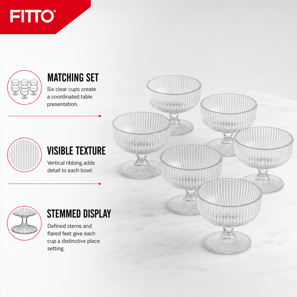 72 Pieces Glass Cup Set, Clear Ribbed Stemmed Cups, 6 Pieces