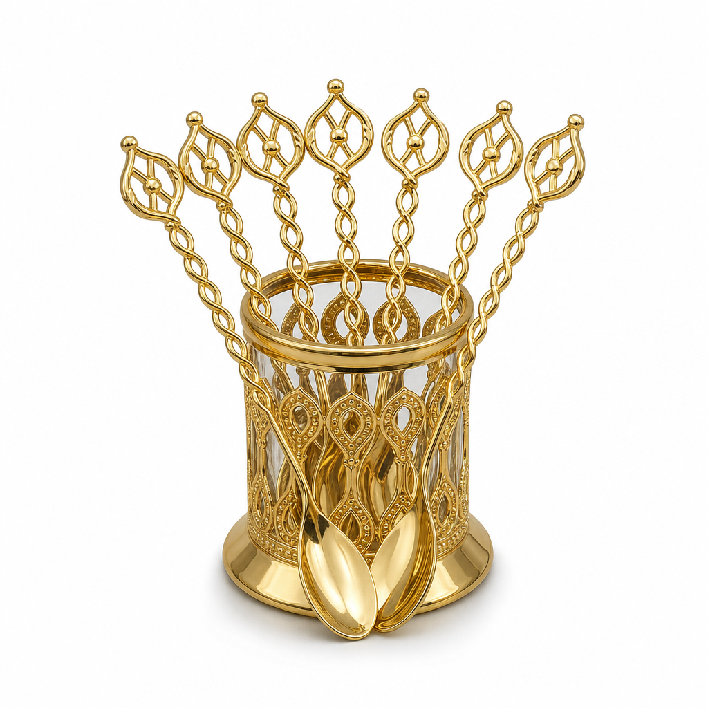 96 Pieces Gold-Tone Decorative Coffee Spoon Set with Ornate Holder, 7 Pieces