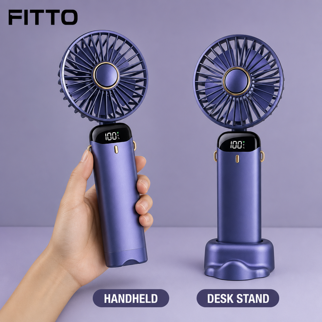 96 Pieces Purple Rechargeable Hand Fan with LED Digital Display and Desk Stand